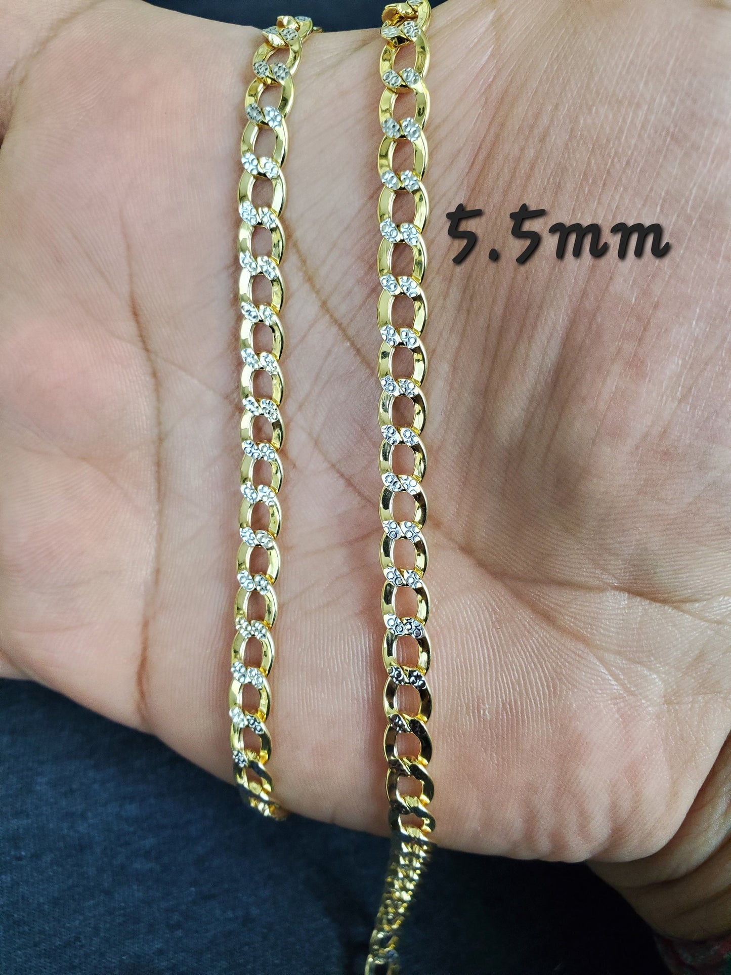 10K Two Tone Pave Yellow and White Gold Cuban Curb Link Hollow Gold Bracelet & Anklet For Men and Women 5.5 mm