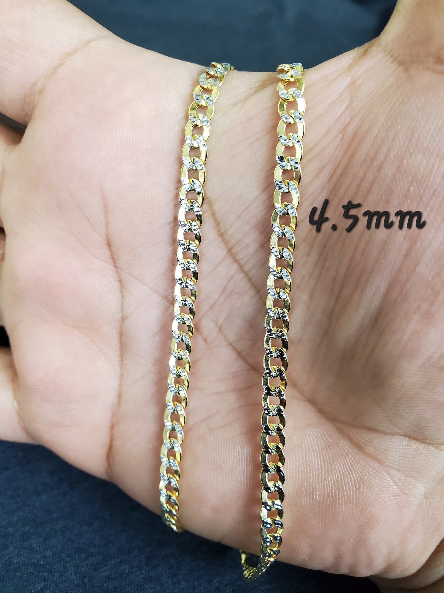 10K Two Tone Pave Yellow and White Gold Cuban Curb Link Hollow Gold Chain Necklace For Men and Women 4.5 mm
