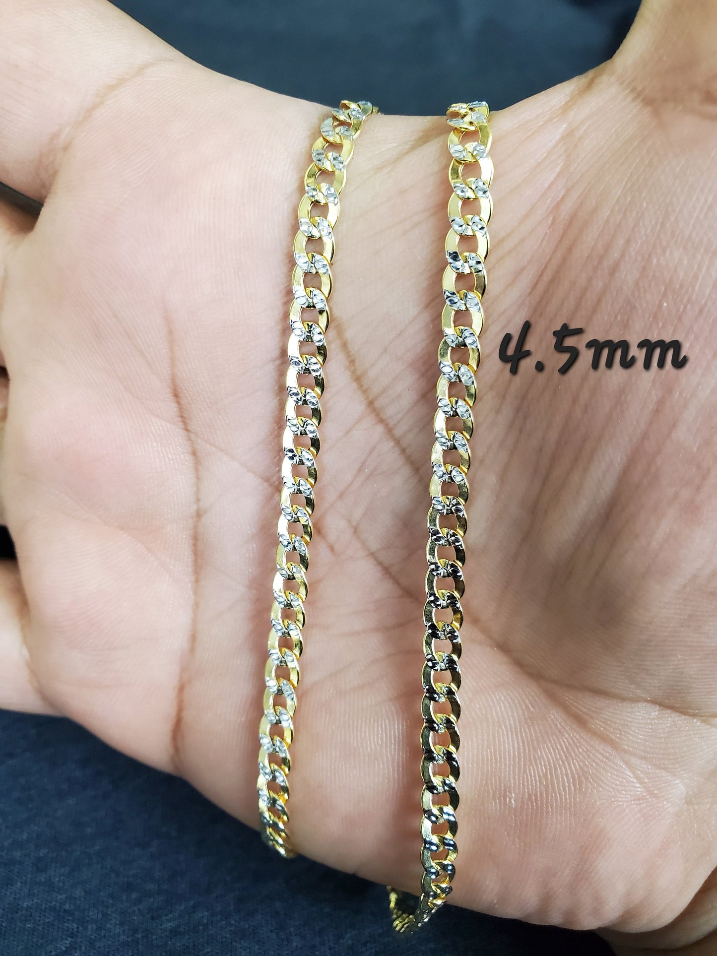 10K Two Tone Pave Yellow and White Gold Cuban Curb Link Hollow Gold Bracelet & Anklet For Men and Women 4.5 mm