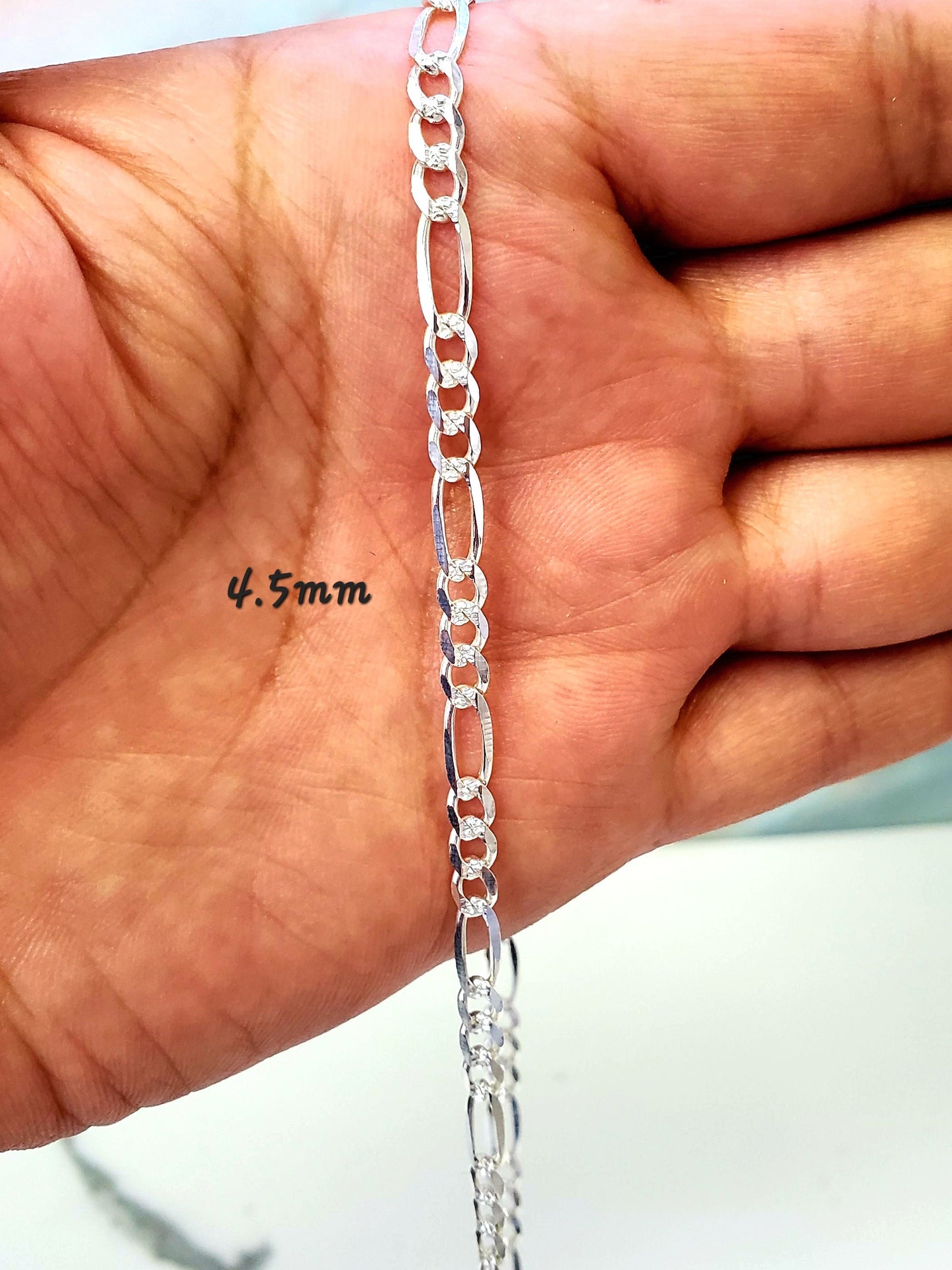 925 Sterling Silver Sparkling Diamond Cut Solid Figaro Made In Italy Bracelet Anklet For Men Women