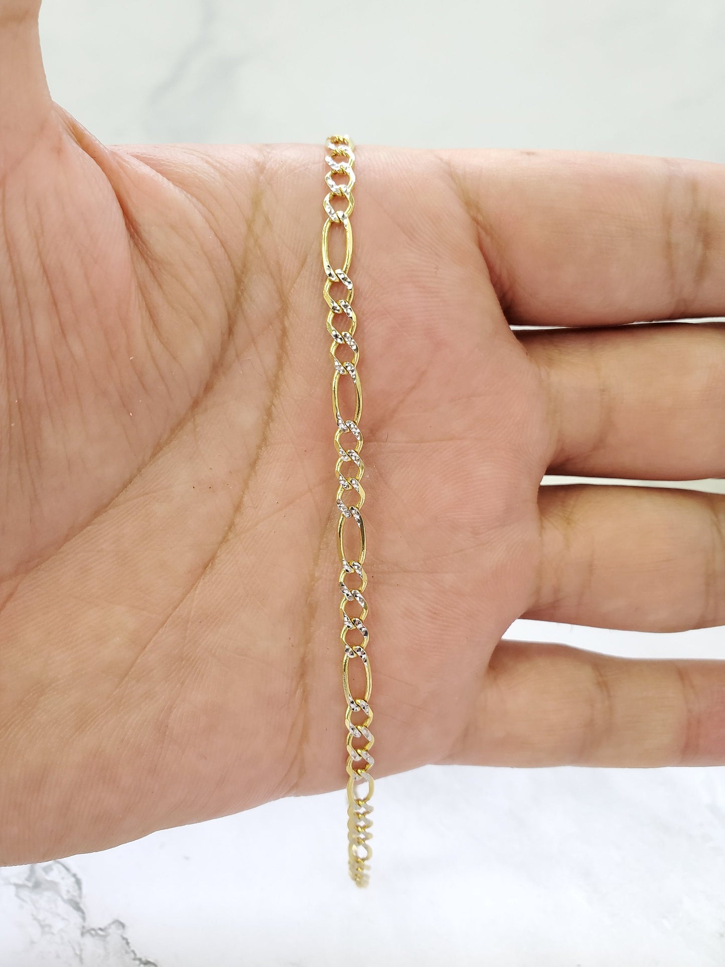 Solid 14K Two Tone Pave Yellow and White Gold Figaro Link Bracelet or Beach Anklet For Men/Women