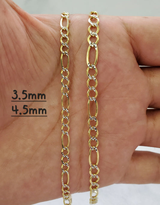 Solid 14K Two Tone Pave Yellow and White Gold Figaro Link Bracelet or Beach Anklet For Men/Women