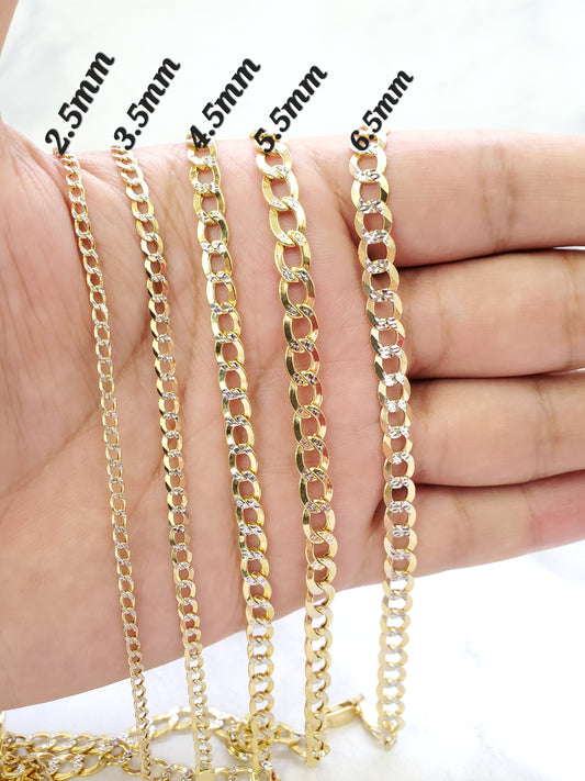 10K Two Tone Pave Yellow and White Gold Cuban Curb Link Hollow Gold Chain Necklace For Men and Women 2.5 mm