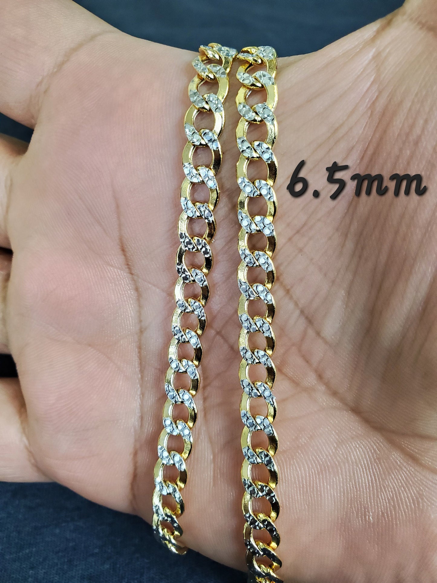6.5mm 10K Two Tone Pave Yellow and White Gold Cuban Curb Link Hollow Gold Bracelet & Anklet For Men and Women