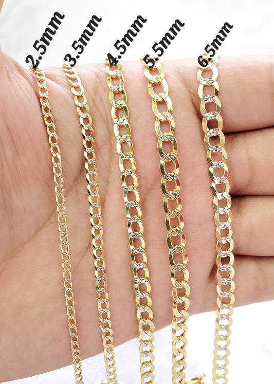6.5mm 10K Two Tone Pave Yellow and White Gold Cuban Curb Link Hollow Gold Bracelet & Anklet For Men and Women
