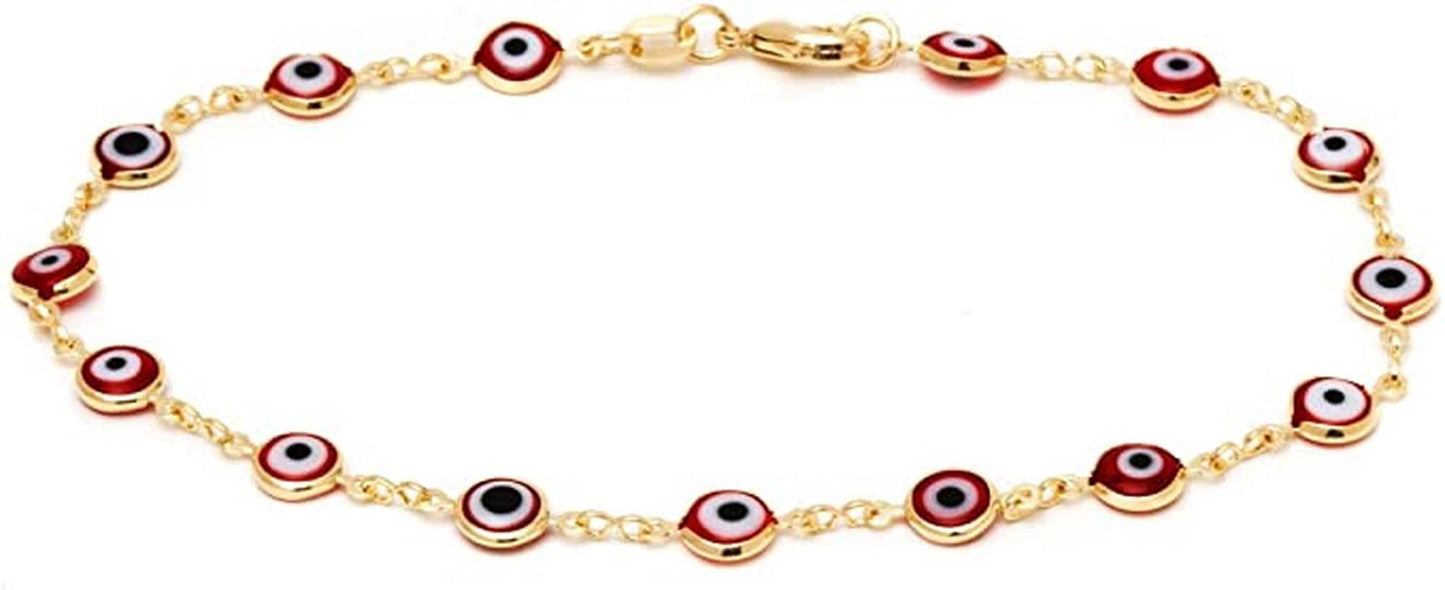 10K Solid Yellow Gold With Red Mini Evil Eye Beaded Style Adjustable Bracelet for Men Women Unisex 7" Lobster Clasp