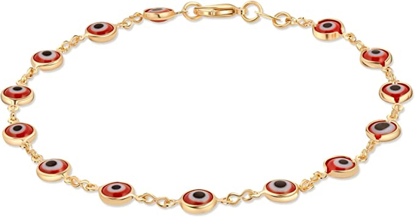 10K Solid Yellow Gold With Red Mini Evil Eye Beaded Style Adjustable Bracelet for Men Women Unisex 7" Lobster Clasp