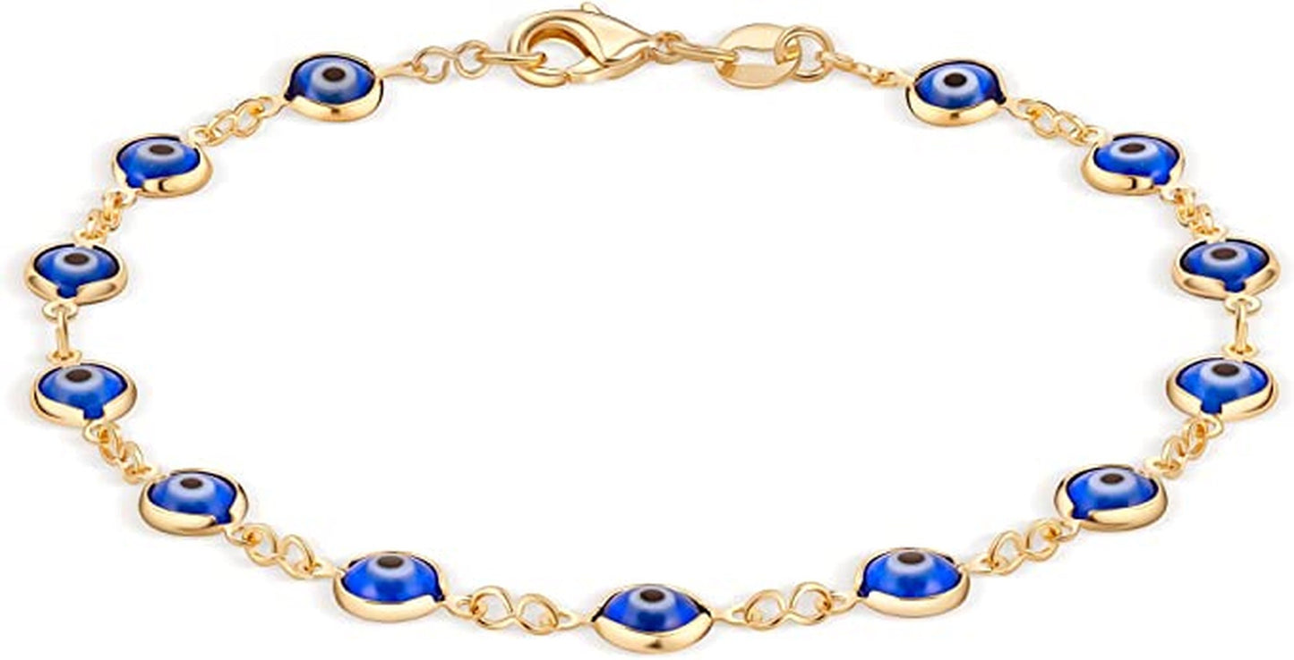 14K Solid Yellow Gold With Blue Mini Evil Eye Beaded Style Bracelet for Kids 6" Lobster Clasp