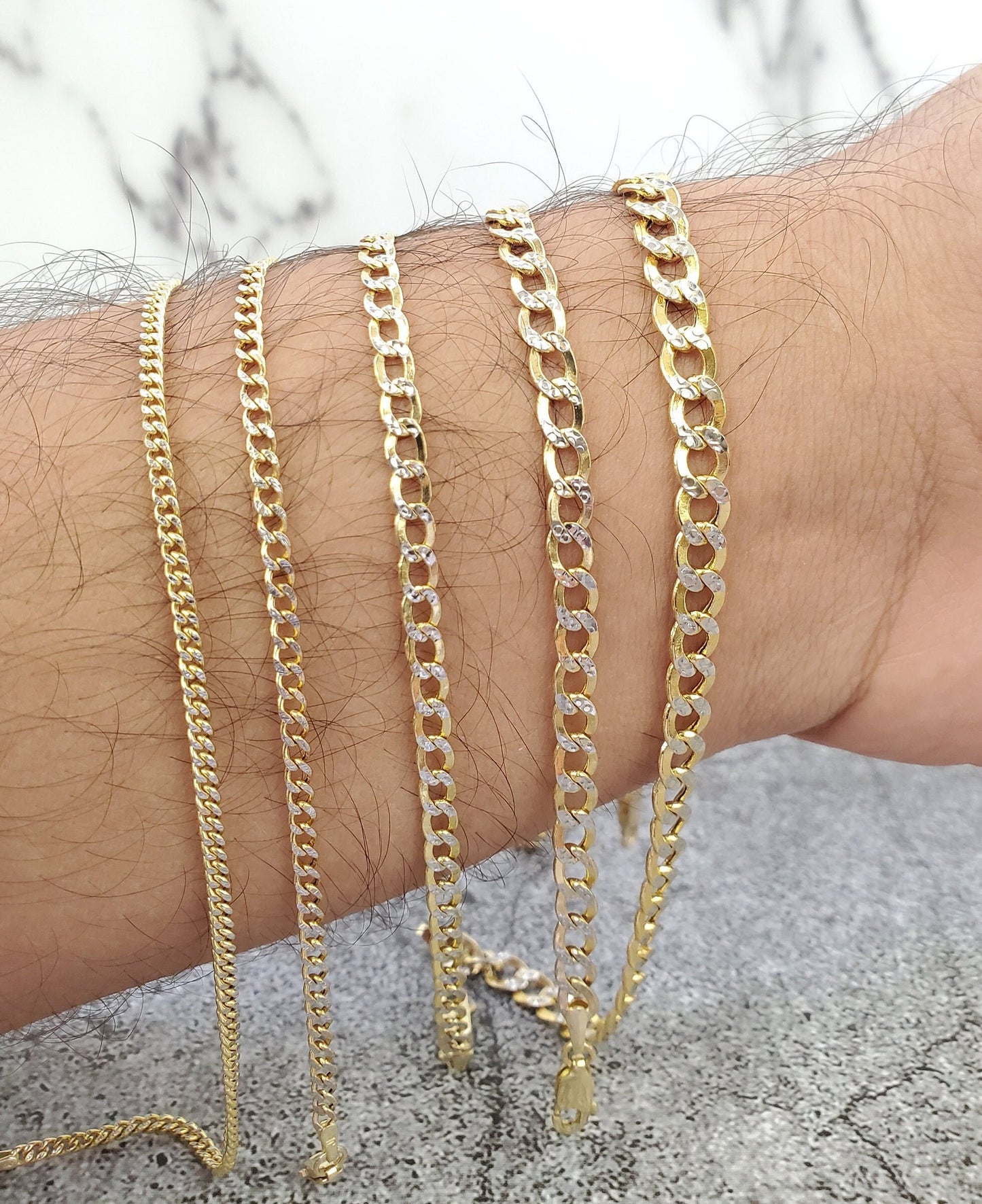 10K Two Tone Pave Yellow and White Gold Cuban Curb Link Hollow Gold Bracelet Anklet For Men and Women 3.5 mm