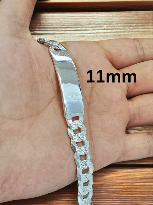 Solid 925 Italian Sterling Silver Diamond Cut Curb Cuban Heavy Link Personalized ID Engravable Bracelet For Men 11mm 12mm