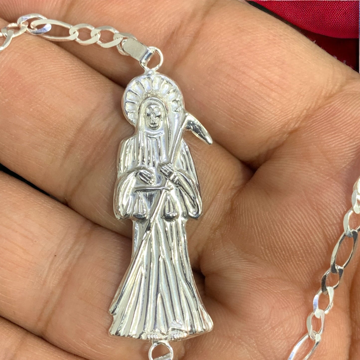 Solid 925 Sterling Silver Santa Muerte Bracelet Grim Reaper Figaro Holy Death Italian Plata Esclava Christmas Religious Gift For Unisex