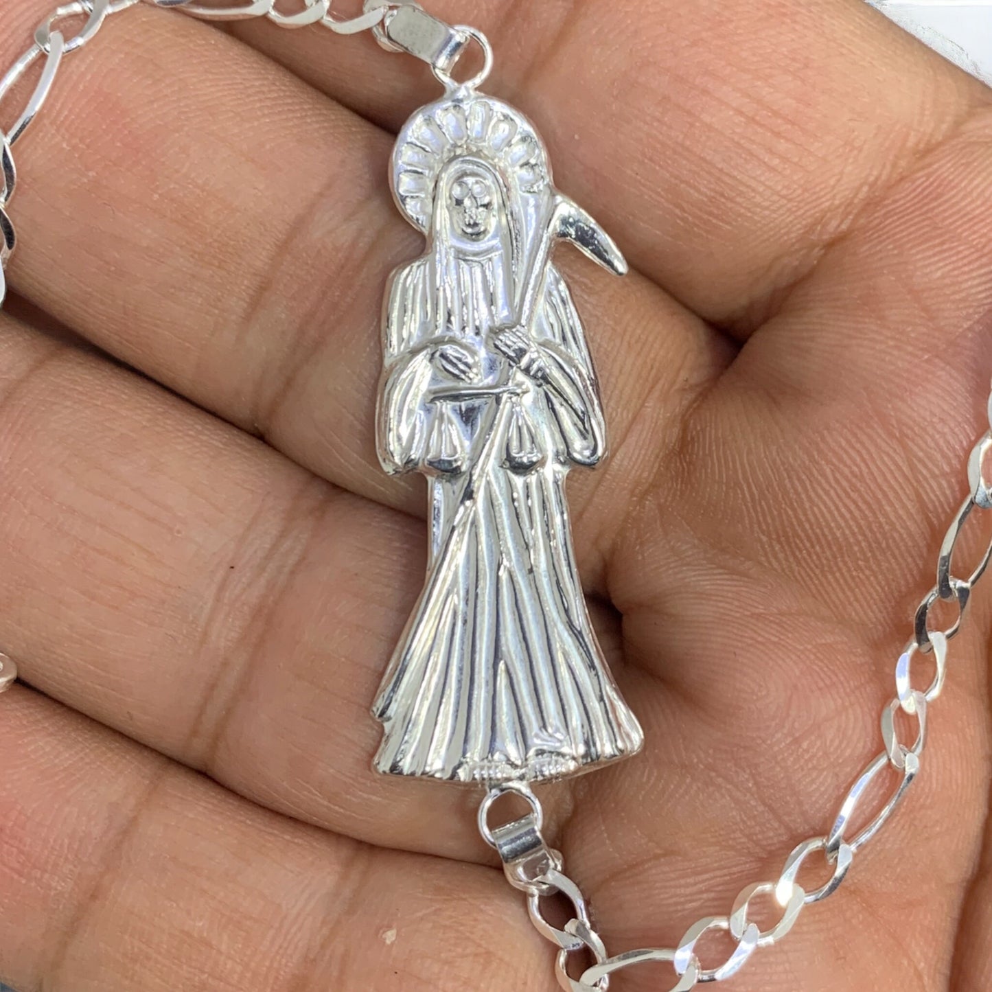 Solid 925 Sterling Silver Santa Muerte Bracelet Grim Reaper Figaro Holy Death Italian Plata Esclava Christmas Religious Gift For Unisex