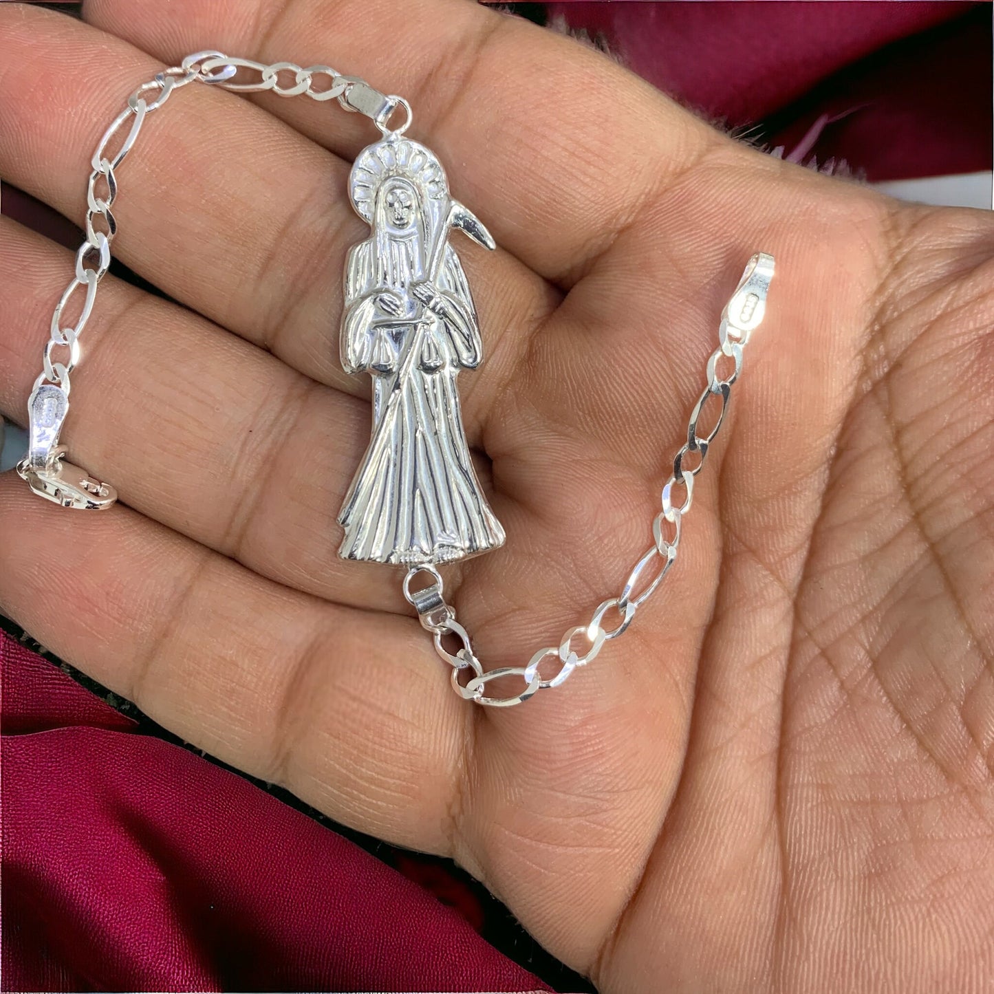 Solid 925 Sterling Silver Santa Muerte Bracelet Grim Reaper Figaro Holy Death Italian Plata Esclava Christmas Religious Gift For Unisex