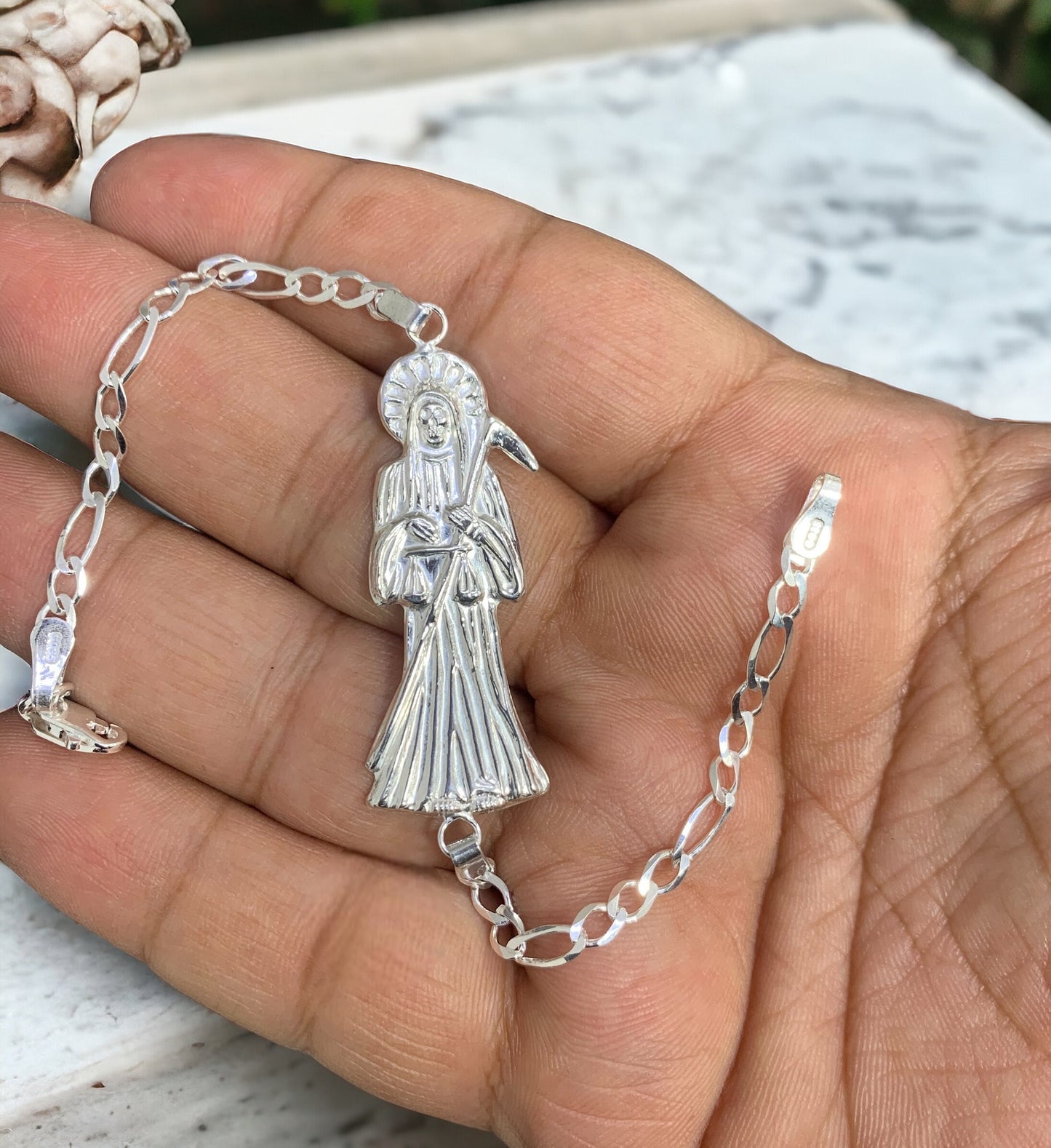 Solid 925 Sterling Silver Santa Muerte Bracelet Grim Reaper Figaro Holy Death Italian Plata Esclava Christmas Religious Gift For Unisex