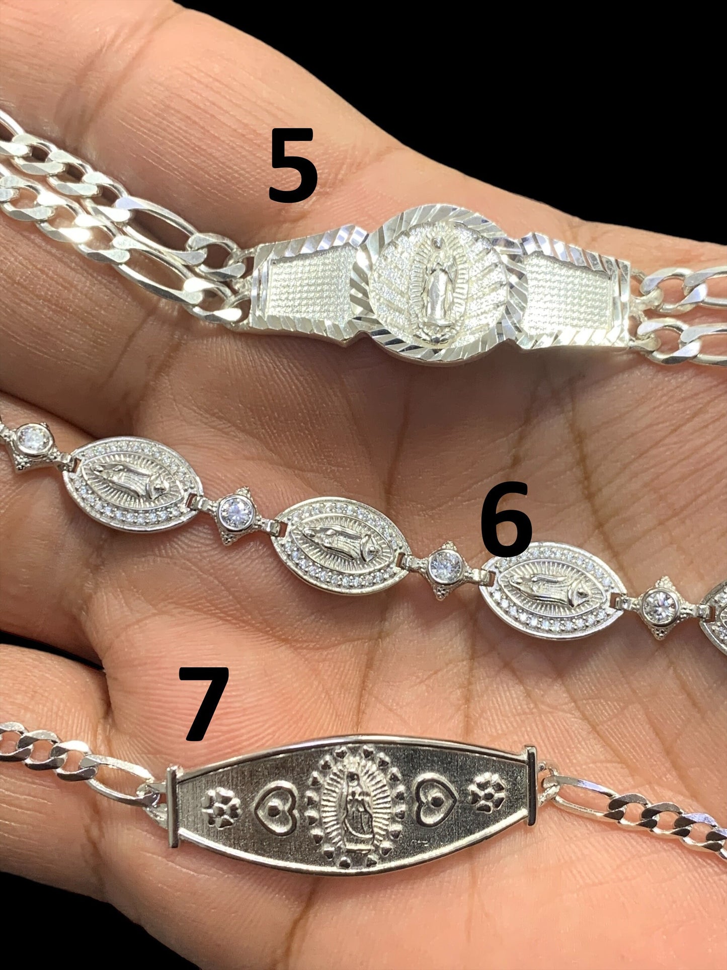 Solid Sterling 925 Silver Mother Mary Virgin Mary CZ Bracelet Figaro Italian Plata Esclava Religious 7.5 Inches Christmas Gift For Her