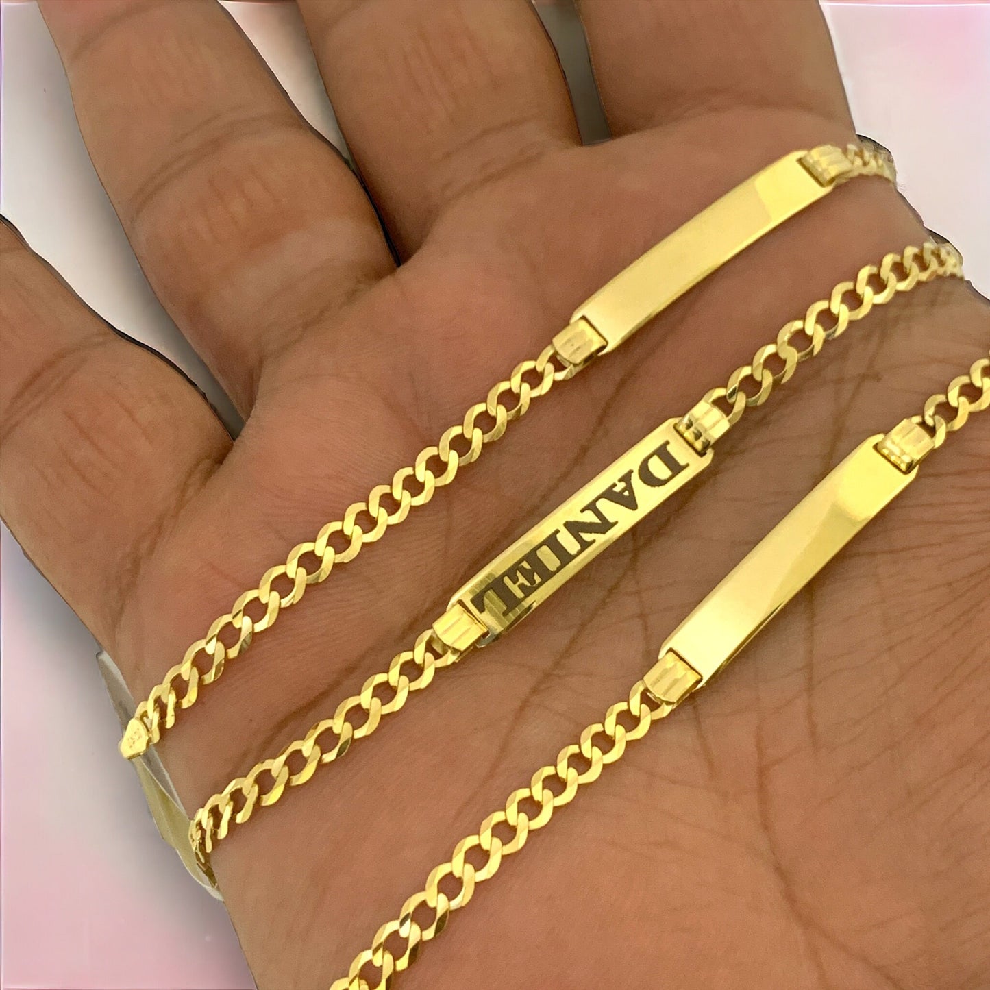 Solid 10K Yellow Gold Cuban Curb Link Personalized ID Free Engraving Bracelet For Baby and Kids 3.5mm