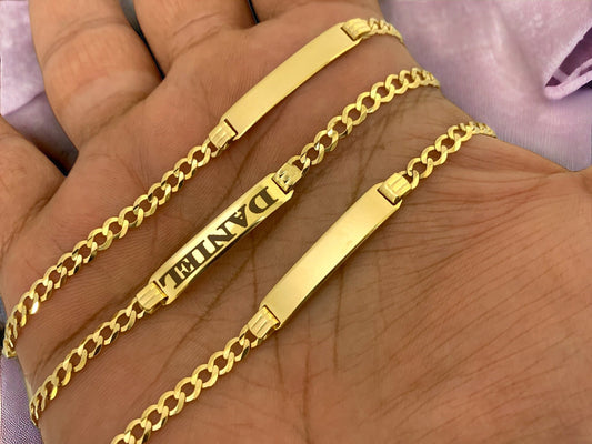 Solid 10K Yellow Gold Cuban Curb Link Personalized ID Free Engraving Bracelet For Baby and Kids 3.5mm